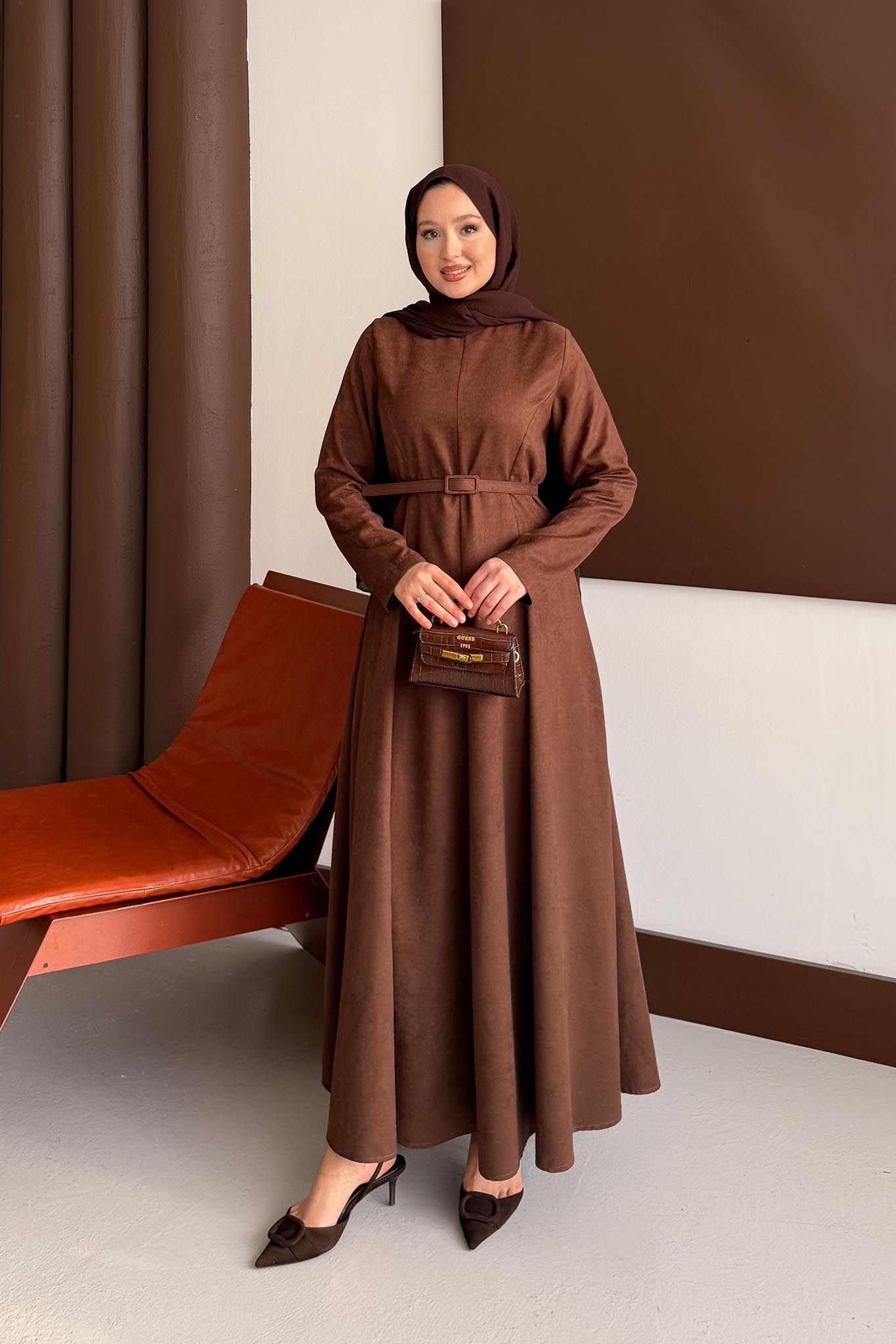 Süet Kemerli Elbise Kahverengi