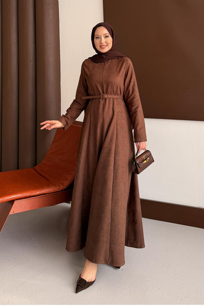 Süet Kemerli Elbise Kahverengi