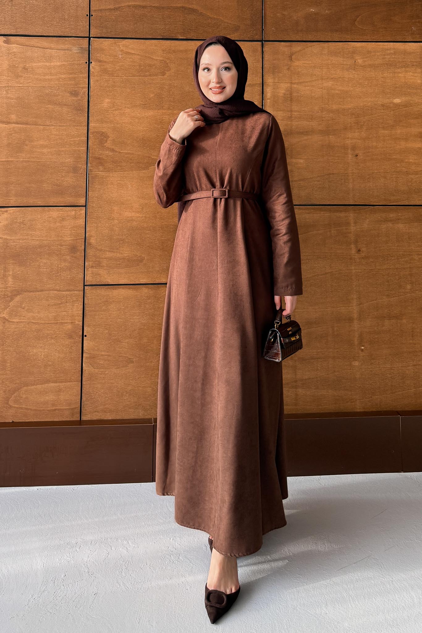 Süet Kemerli Elbise Kahverengi