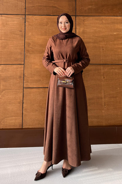 Süet Kemerli Elbise Kahverengi