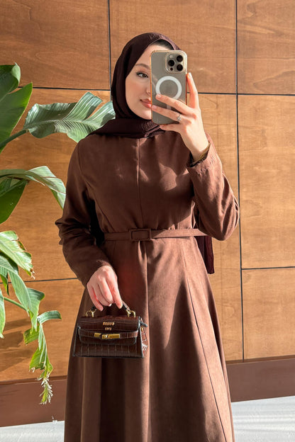 Süet Kemerli Elbise Kahverengi