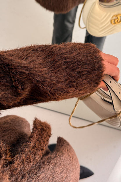 Broş Düğmeli Angora Kaban Kahverengi