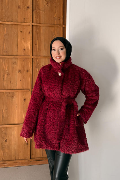 Broş Düğmeli Angora Kaban Bordo