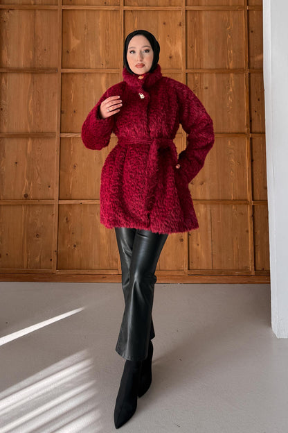 Broş Düğmeli Angora Kaban Bordo