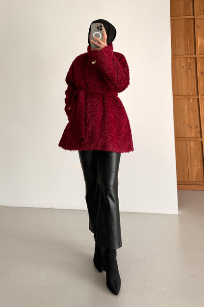 Broş Düğmeli Angora Kaban Bordo