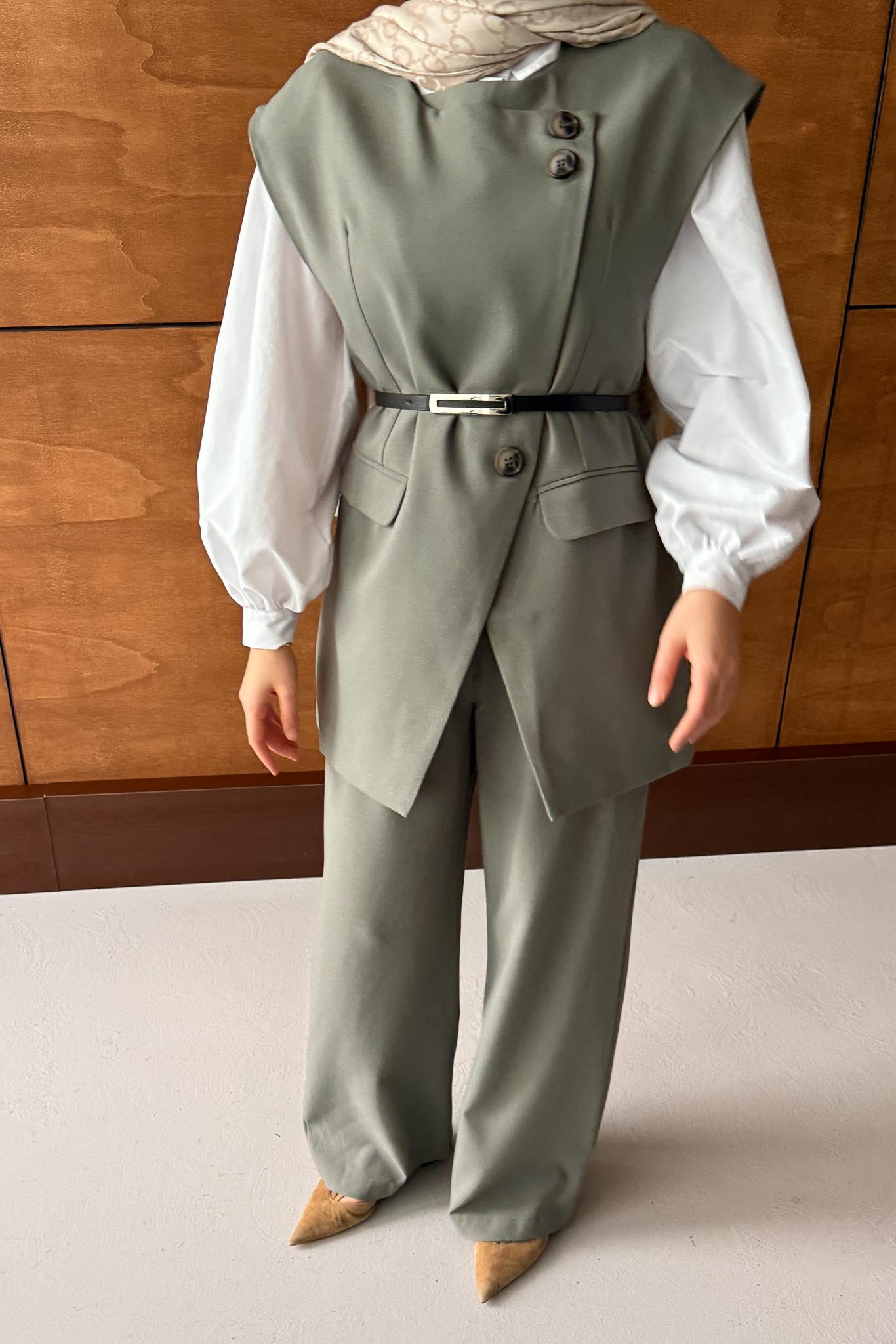 Karen Çift Düğmeli Takım Su Yeşili