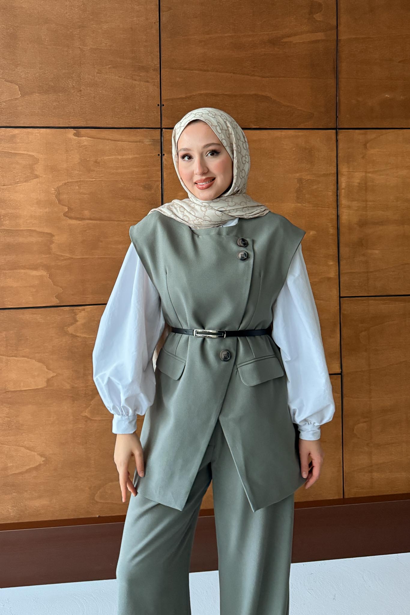 Karen Çift Düğmeli Takım Su Yeşili