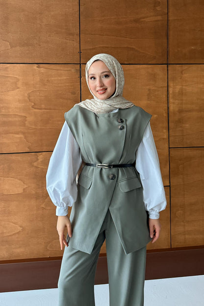 Karen Çift Düğmeli Takım Su Yeşili