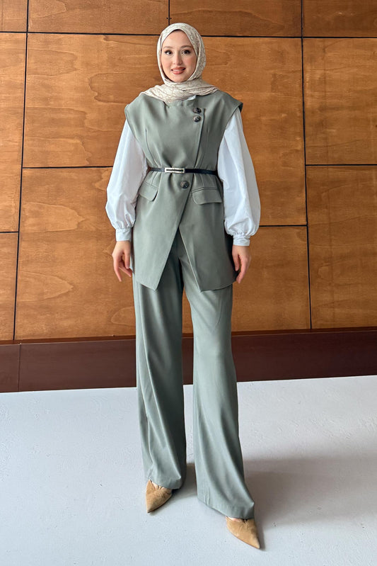 Karen Çift Düğmeli Takım Su Yeşili