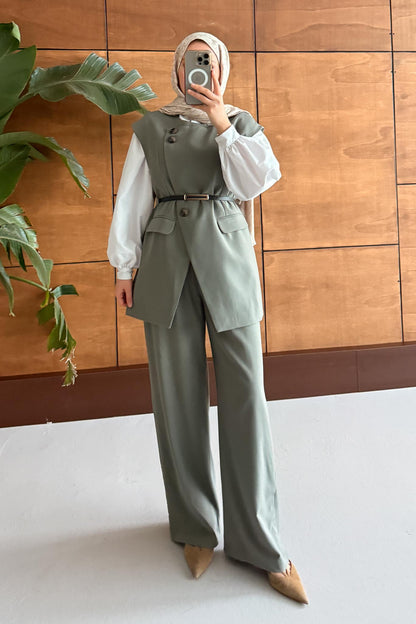 Karen Çift Düğmeli Takım Su Yeşili