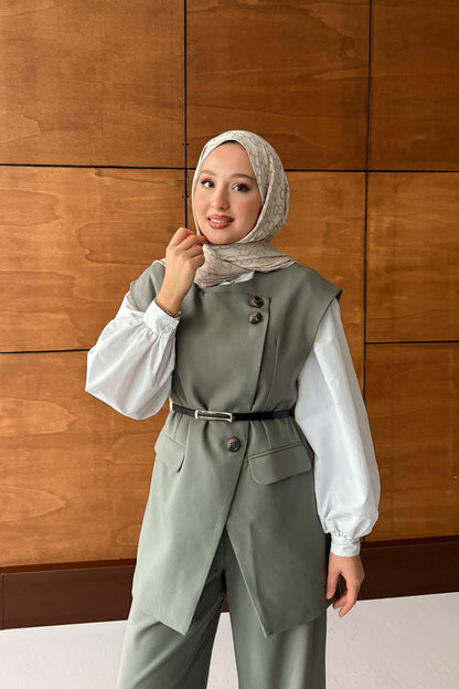 Karen Çift Düğmeli Takım Su Yeşili