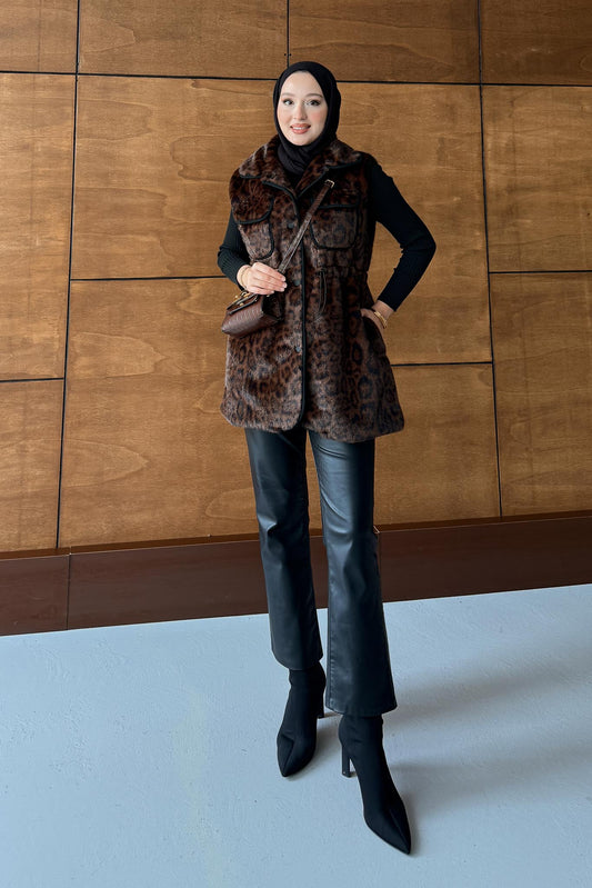 Leopar Kürklü Yelek Kahverengi