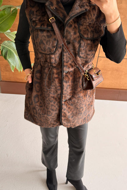 Leopar Kürklü Yelek Kahverengi