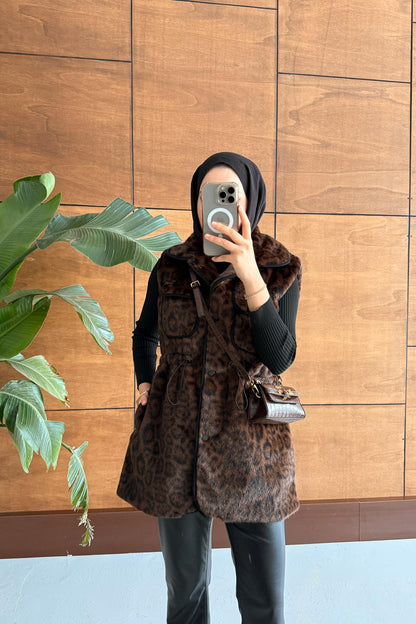 Leopar Kürklü Yelek Kahverengi