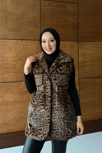 Leopar Kürklü Yelek Vizon