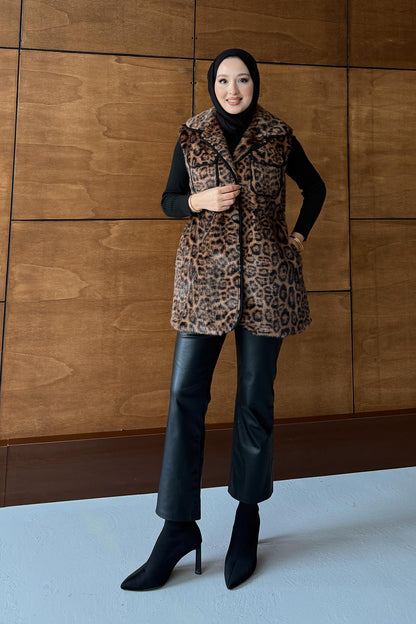 Leopar Kürklü Yelek Vizon