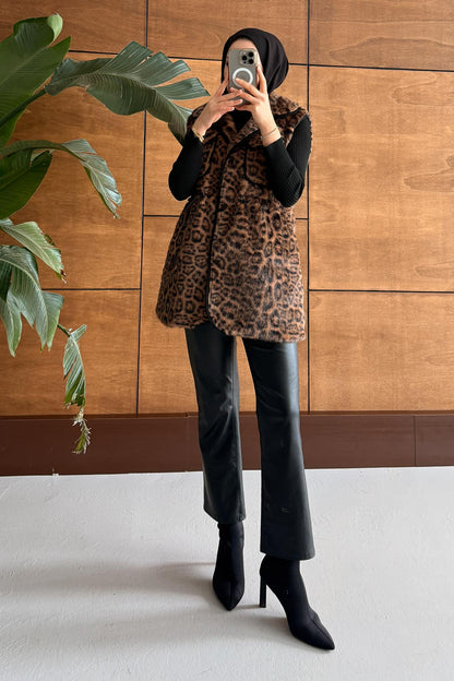 Leopar Kürklü Yelek Vizon