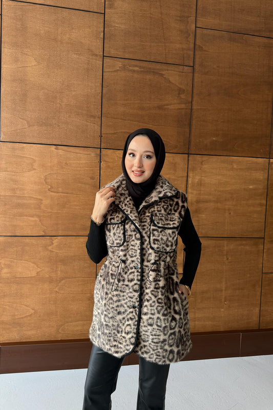 Leopar Kürklü Yelek Taş