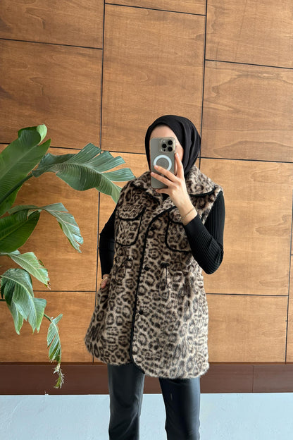 Leopar Kürklü Yelek Taş