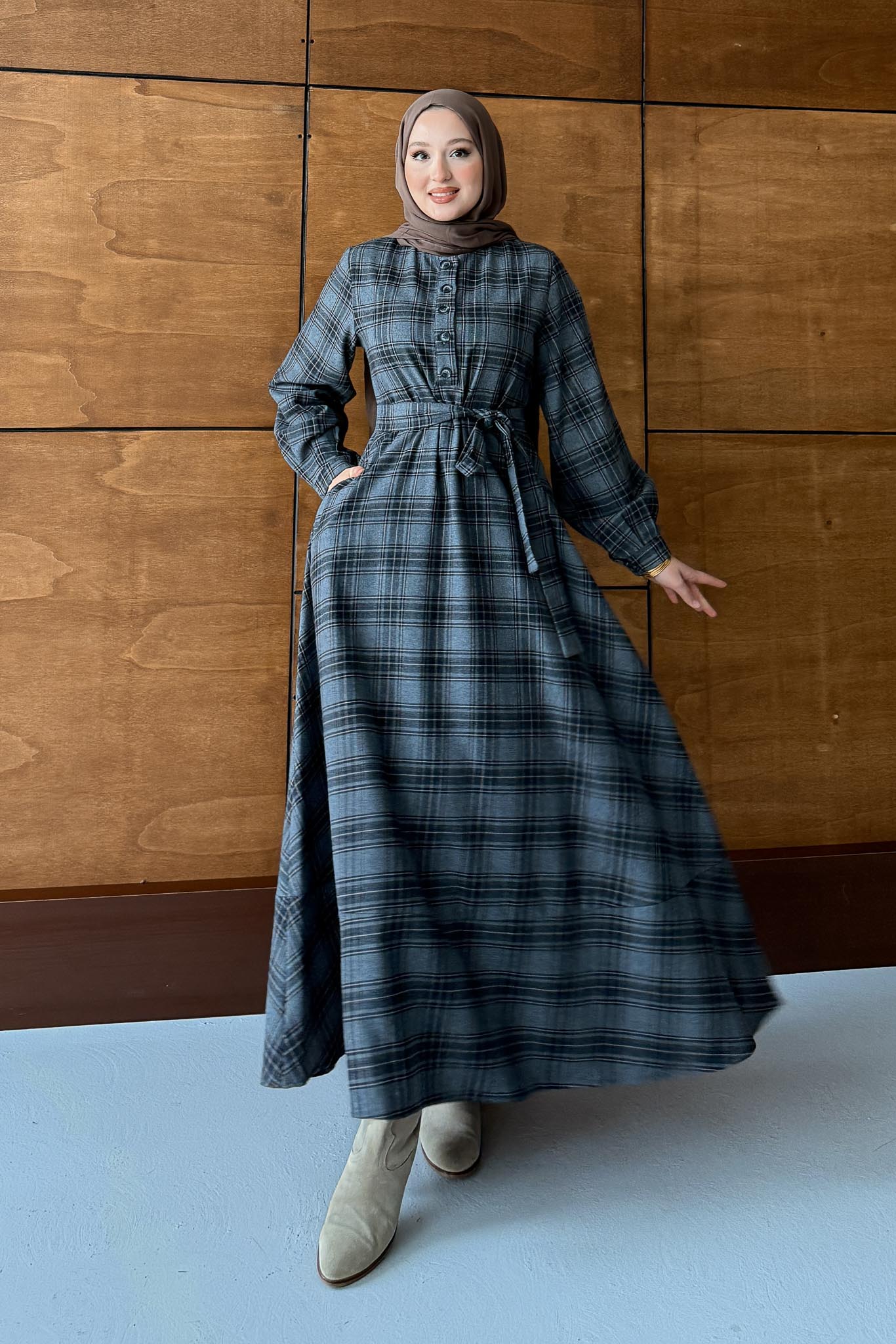 Ekose Desenli Elbise Vizon