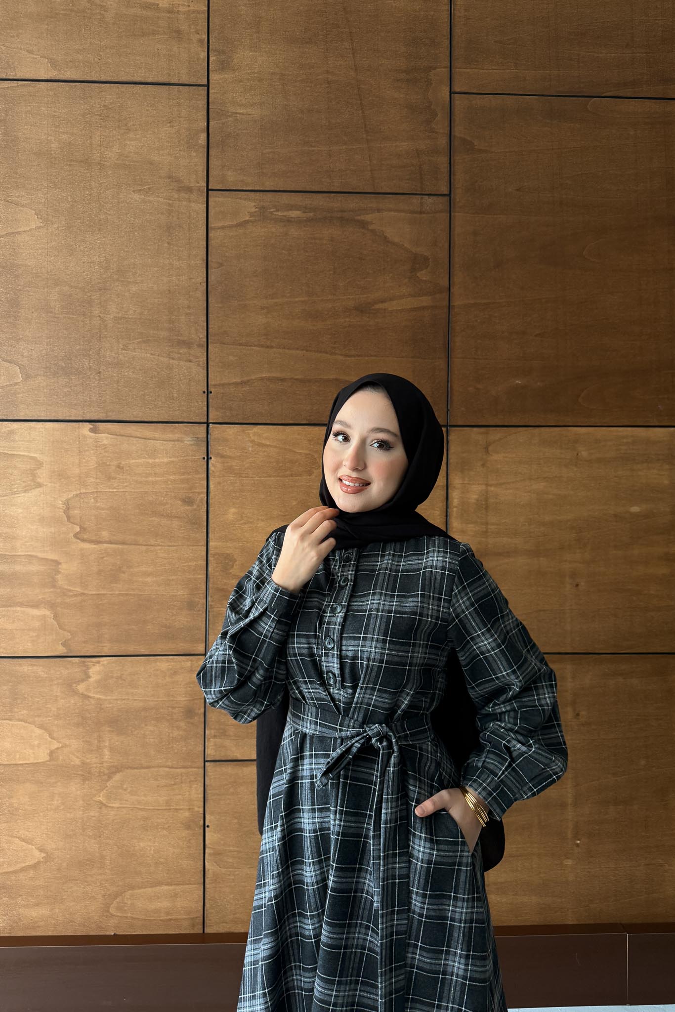 Ekose Desenli Elbise Antrasit