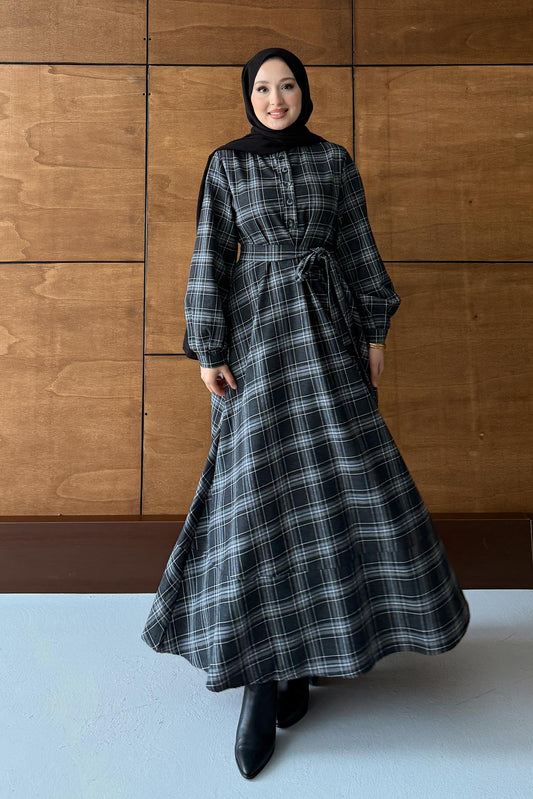 Ekose Desenli Elbise Antrasit