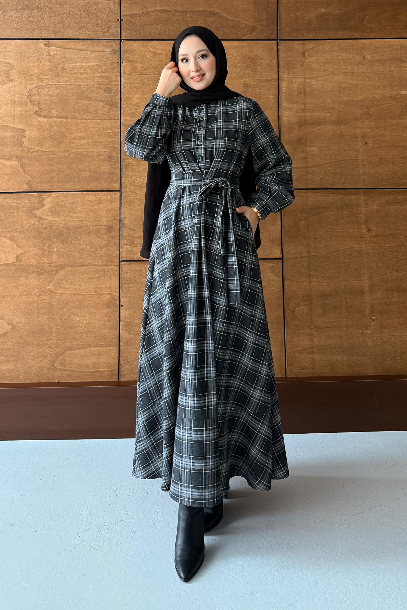 Ekose Desenli Elbise Antrasit