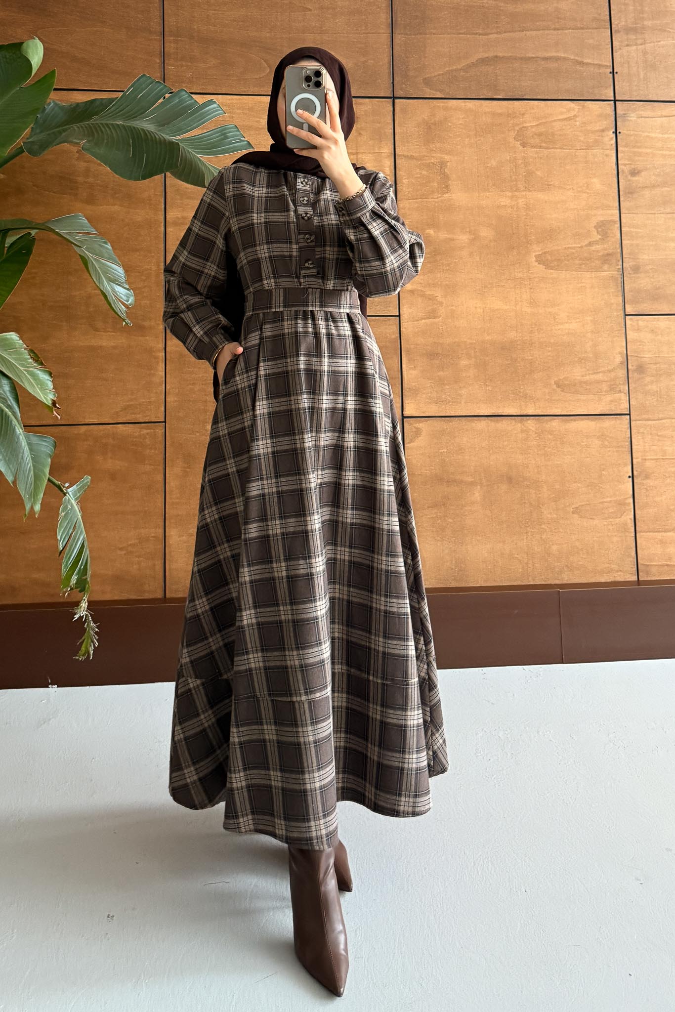 Ekose Desenli Elbise Kahverengi