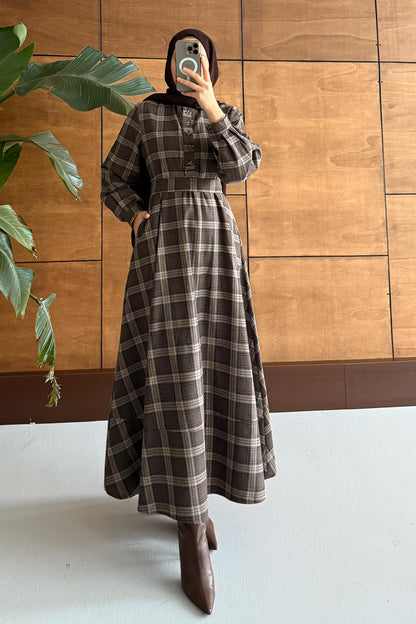 Ekose Desenli Elbise Kahverengi