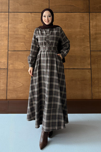 Ekose Desenli Elbise Kahverengi