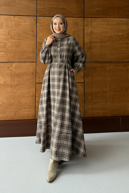 Ekose Desenli Elbise Bej