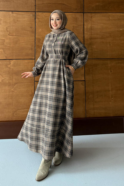 Ekose Desenli Elbise Bej