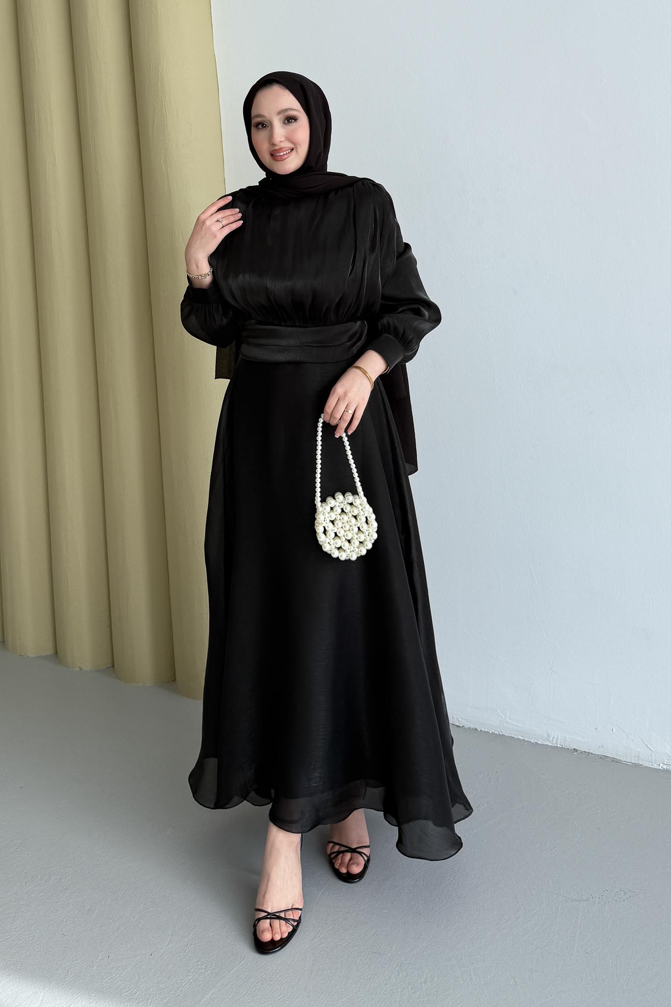 Simli Şifon Elbise Siyah