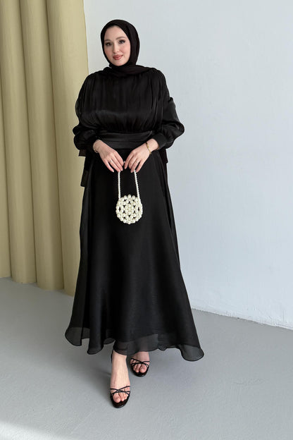 Simli Şifon Elbise Siyah