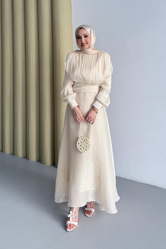 Simli Şifon Elbise Bej