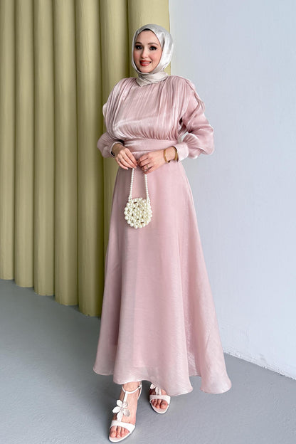Simli Şifon Elbise Pembe