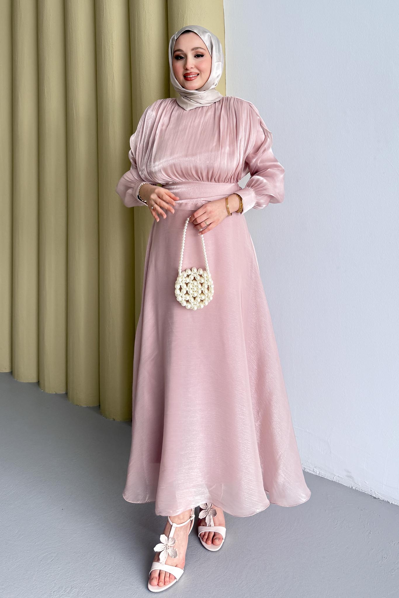 Simli Şifon Elbise Pembe