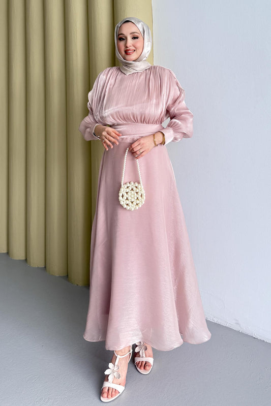 Simli Şifon Elbise Pembe