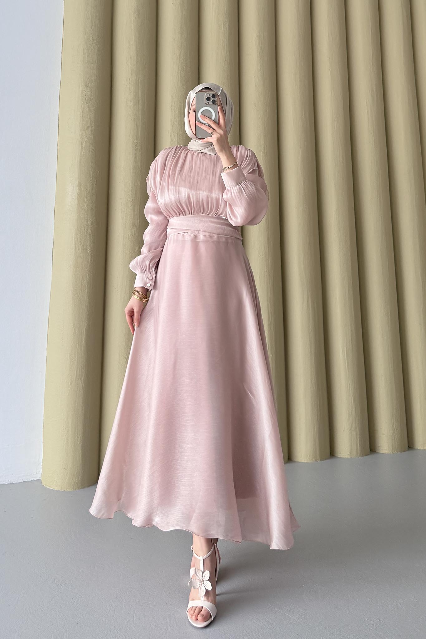 Simli Şifon Elbise Pembe