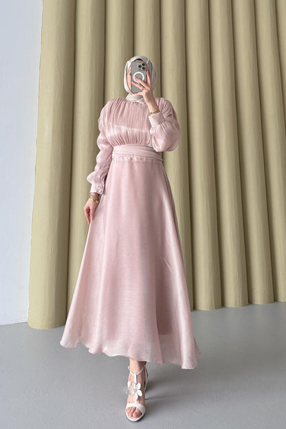Simli Şifon Elbise Pembe