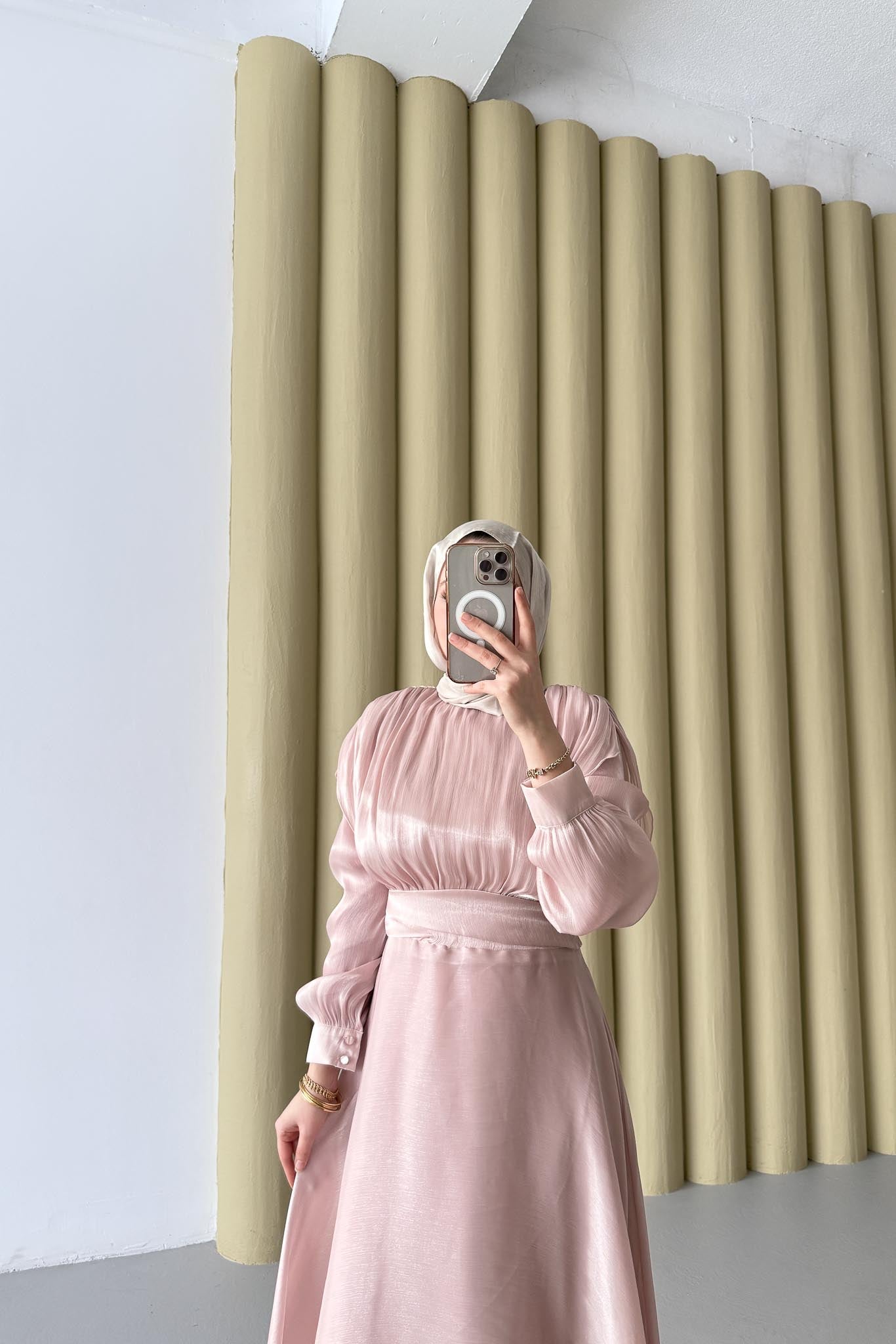 Simli Şifon Elbise Pembe