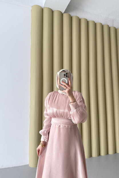 Simli Şifon Elbise Pembe
