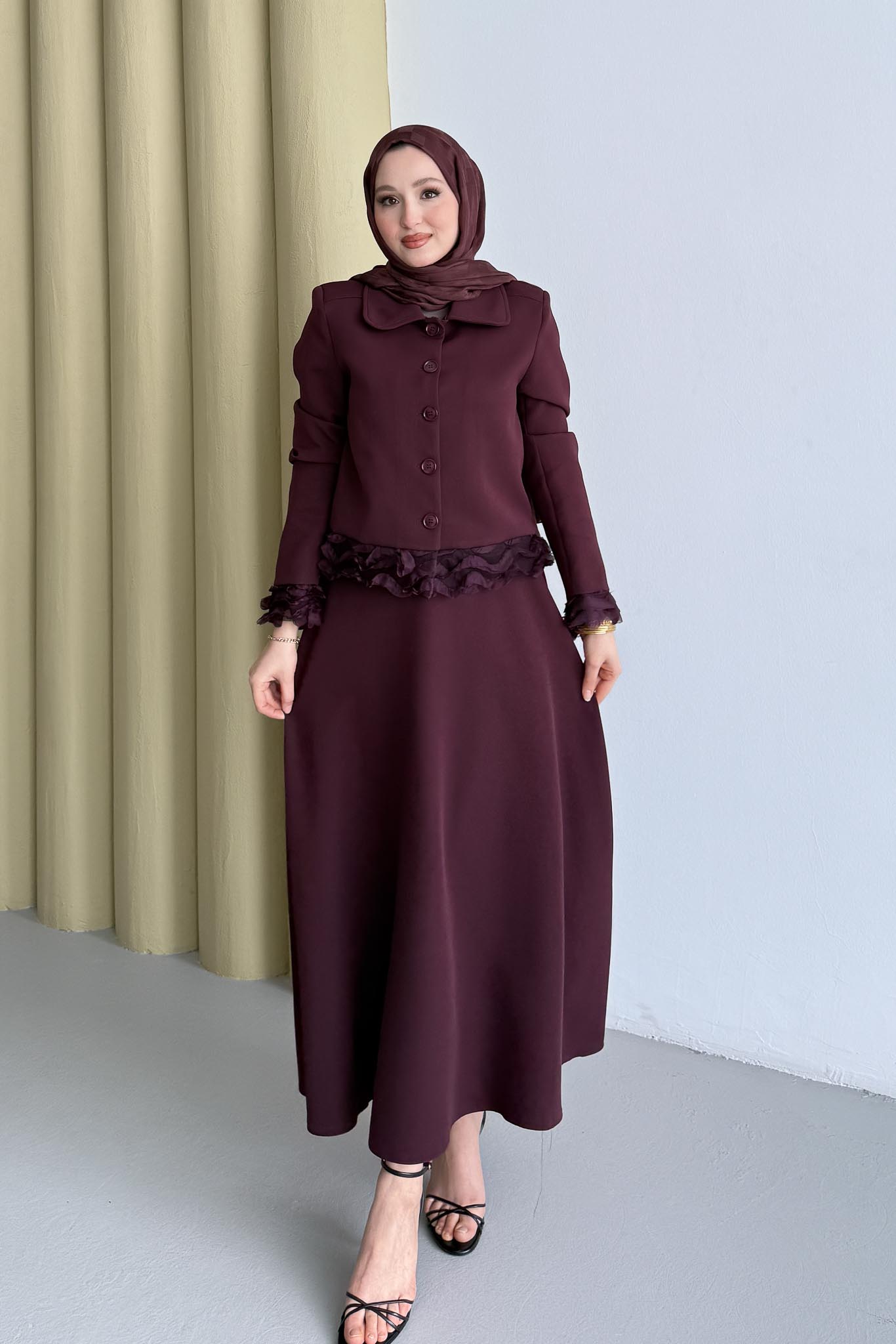 Şifon Detaylı Ceket Takım Bordo