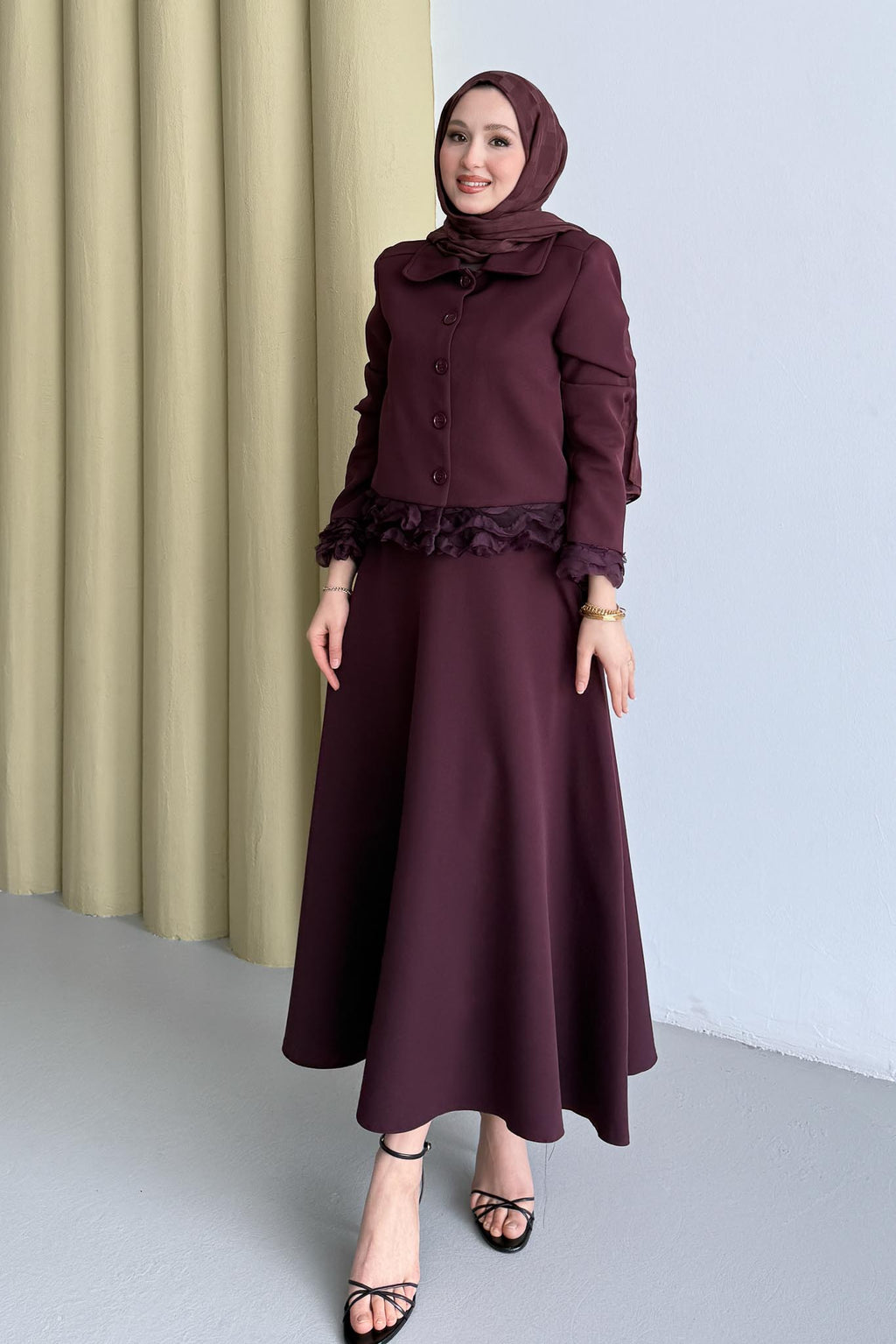 Şifon Detaylı Ceket Takım Bordo