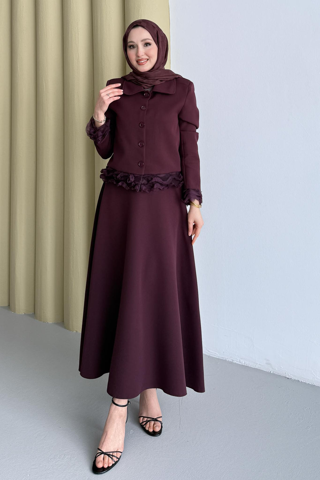 Şifon Detaylı Ceket Takım Bordo