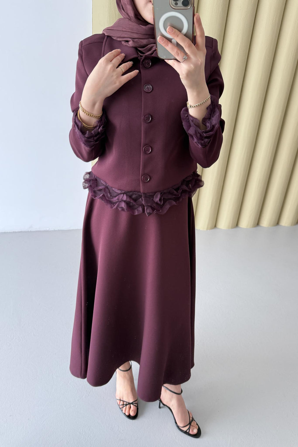 Şifon Detaylı Ceket Takım Bordo