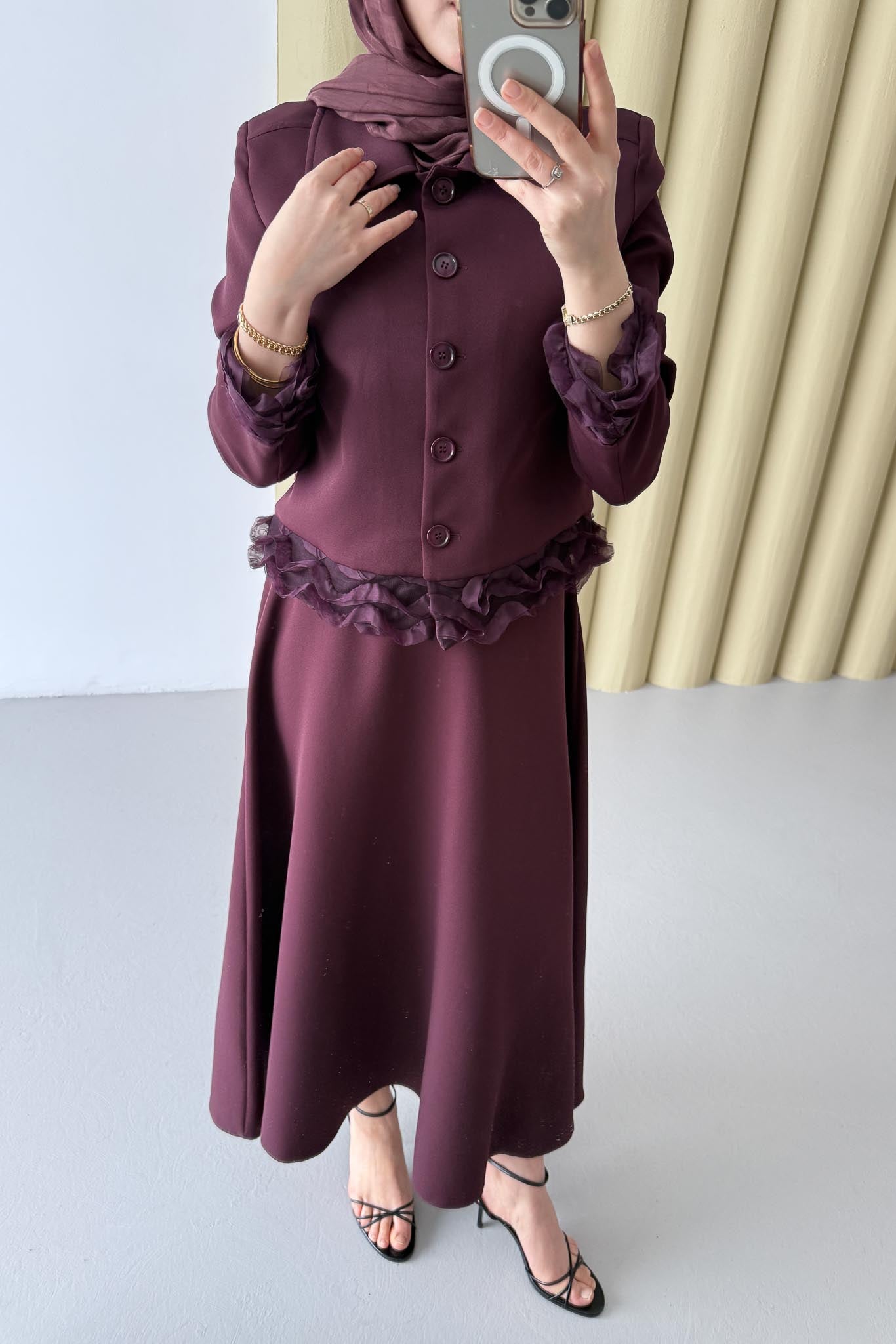 Şifon Detaylı Ceket Takım Bordo