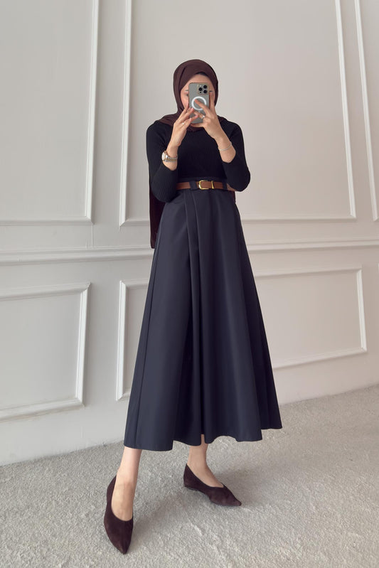 Blok Kemerli Etek Lacivert