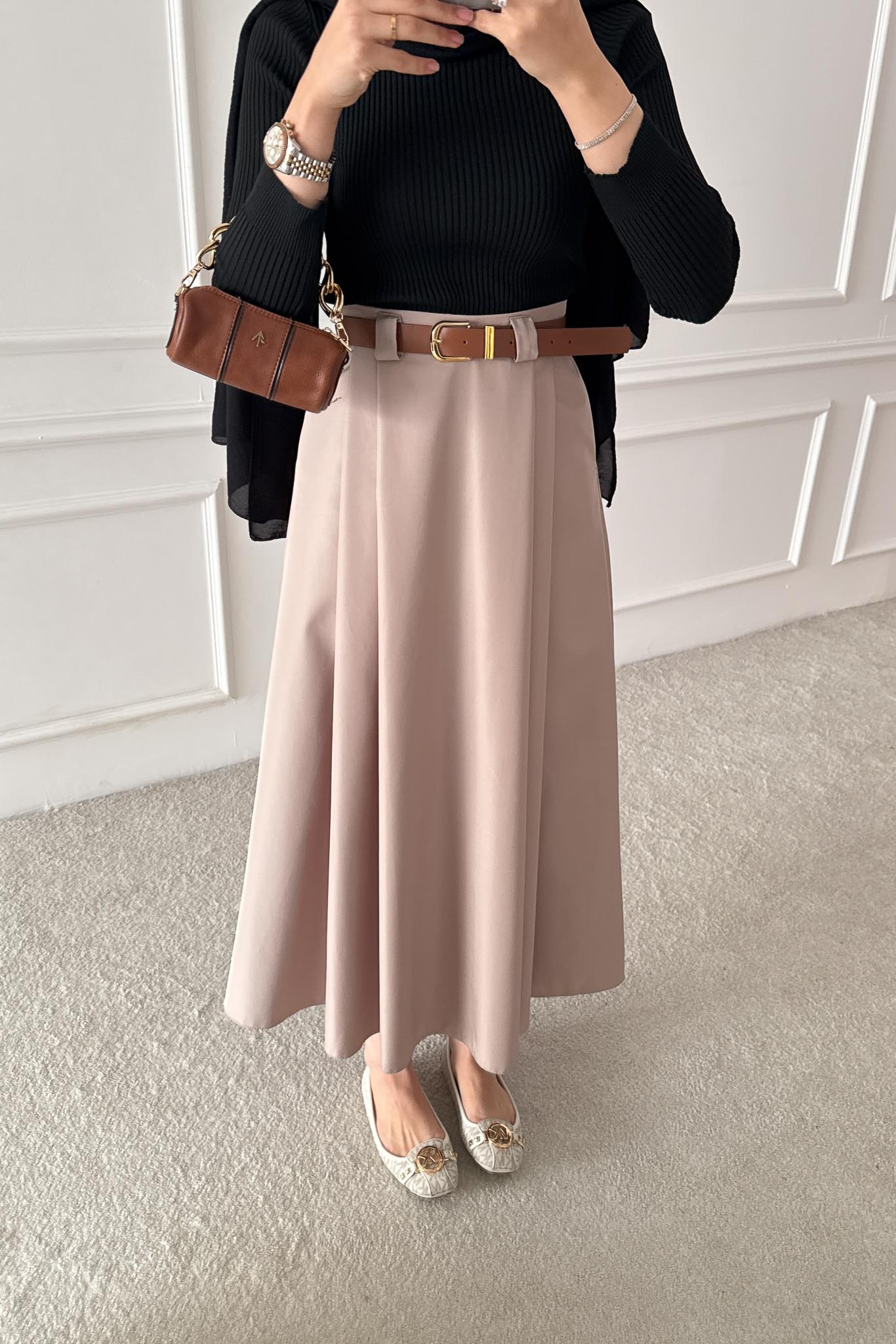 Blok Kemerli Etek Bej