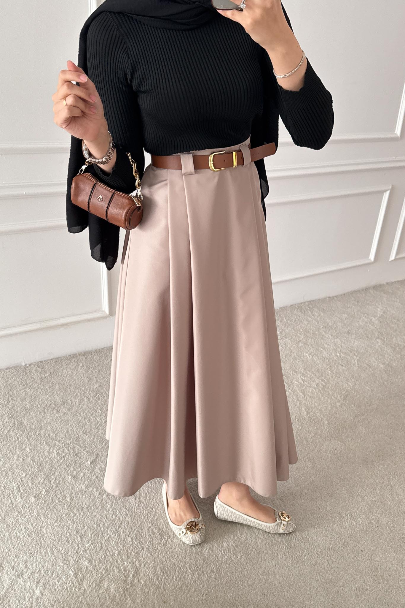 Blok Kemerli Etek Bej